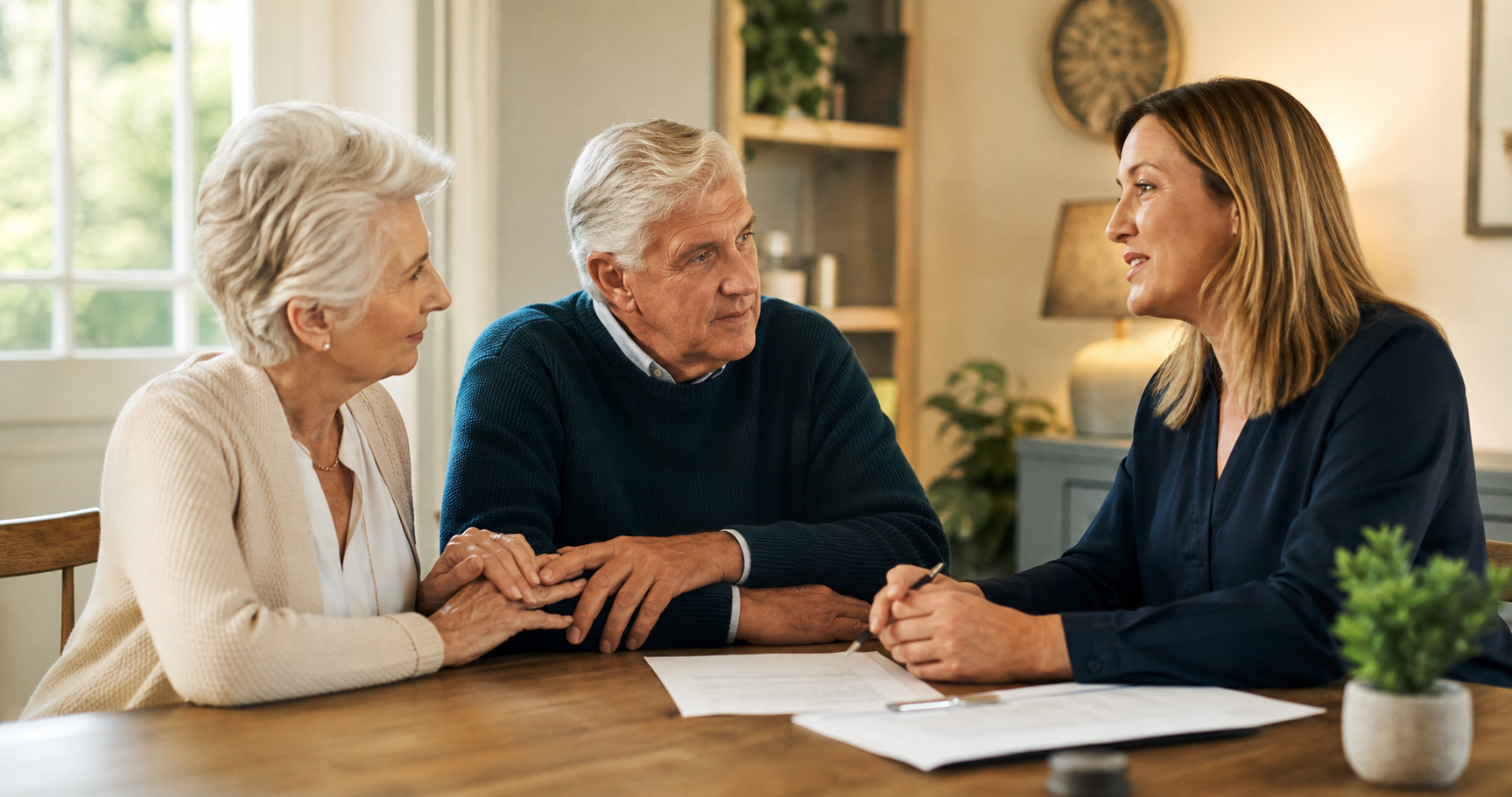 Advisor speaking with an older couple at a table